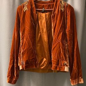 Rituals burnt orange crushed velvet bomber jacket with sequin detail at shoulder